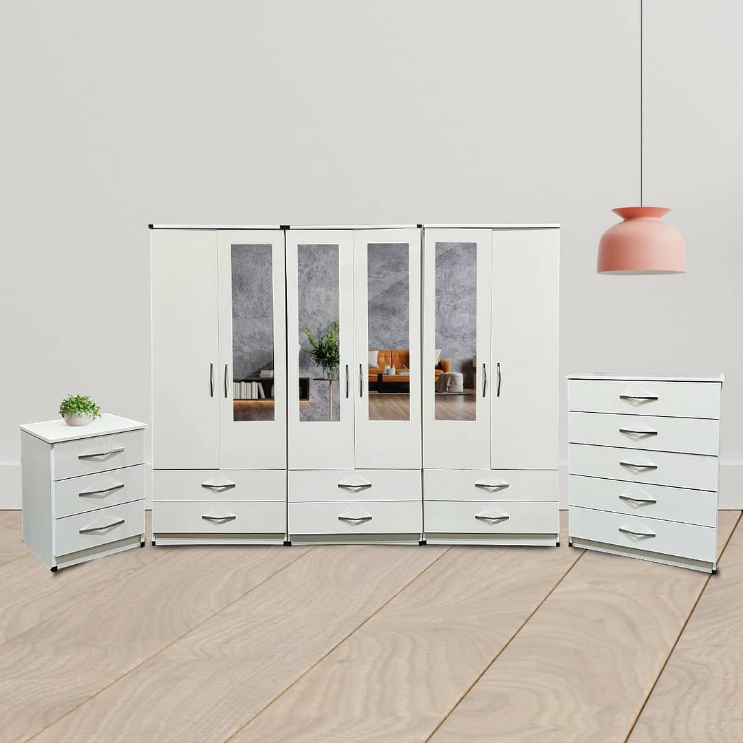 6-door-mirrored-wardrobe-with-drawers-hanging-rails-metal-handles-complete-set-with-bedside-and-chest-of-drawers-comes-assembled-brand-new-in-white-colour